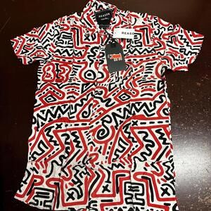 Keith, Herring, art red graphic design button up shirt small